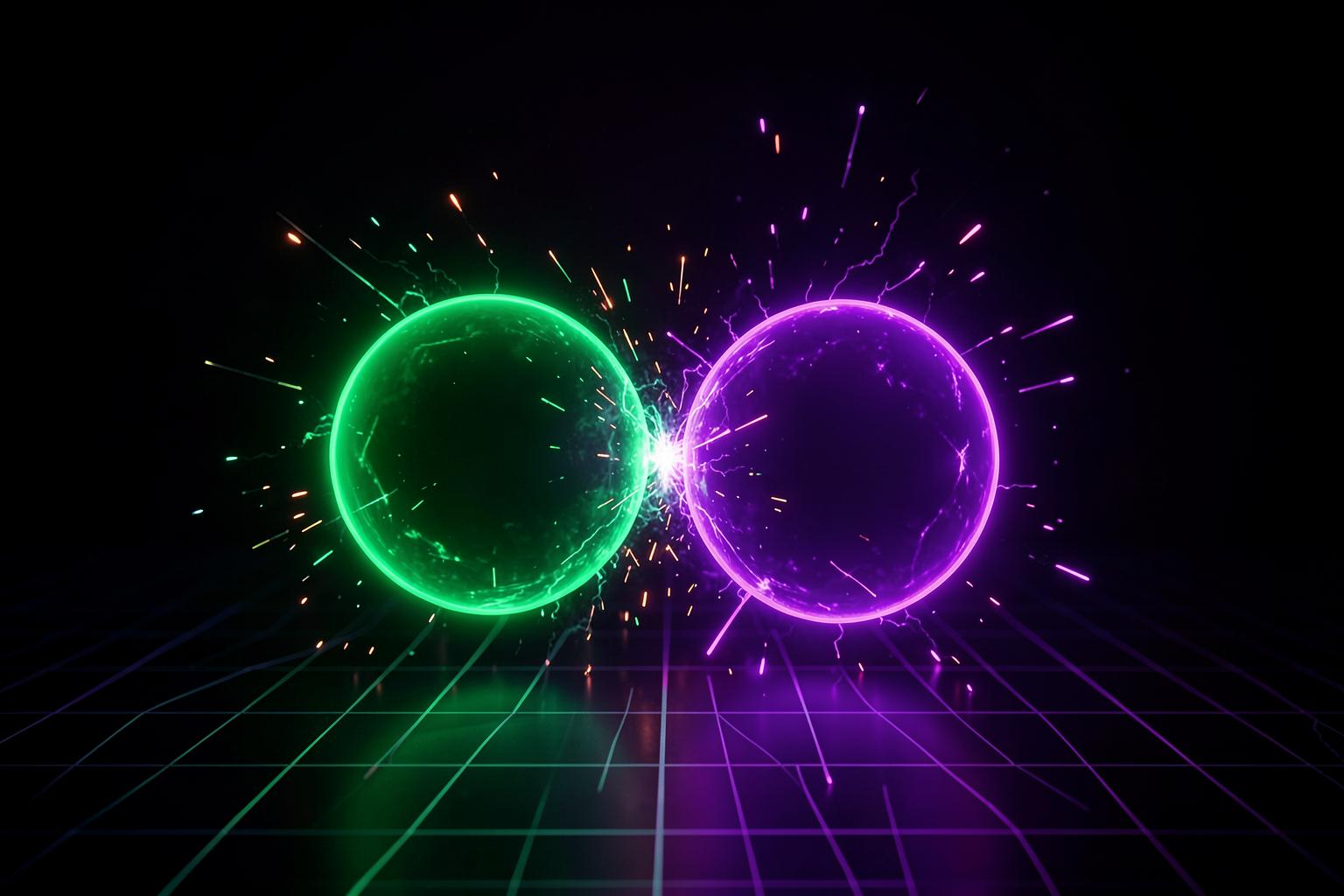 Two glowing neon spheres colliding, representing a head-to-head peer-to-peer bet